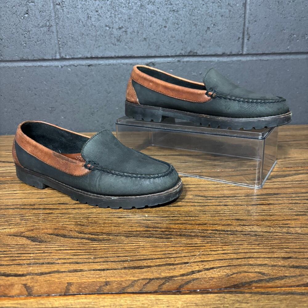 Lands’ End Women’s 8B Black Brown Leather Moc Loafers Made in Brazil Vintage